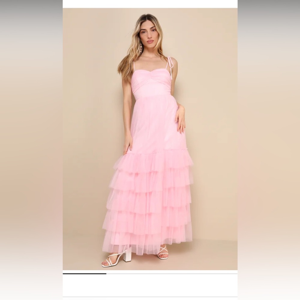 NWT Lulus Endlessly Darling Pink Mesh Tiered Tie-Strap Maxi Dress